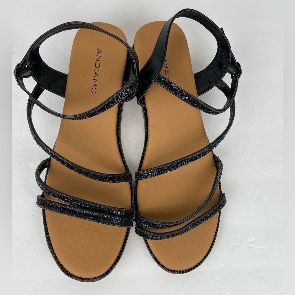 Andiamo Women's Rhinestone Sandals Size 11 M Black Boho Ankle Strap Wedgy Strapy